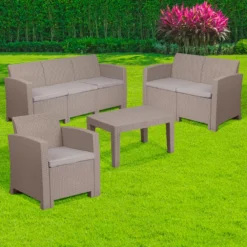 4 Piece Outdoor Faux Rattan Chair, Loveseat, Sofa And Table Set In Charcoal - By Flash Furniture - Madison Seating