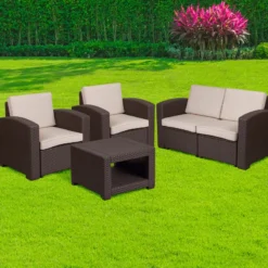 4 Piece Outdoor Faux Rattan Chair, Loveseat And Table Set In Chocolate Brown - By Flash Furniture - Madison Seating