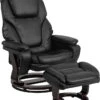 Contemporary Black Leather Recliner And Ottoman With Swiveling Mahogany Wood Base - By Flash Furniture - Madison Seating -Furniture Sales Store Contemporary Black Leather Recliner and Ottoman with Swiveling Mahogany Wood Base by Flash Furniture