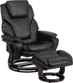 Contemporary Black Leather Recliner And Ottoman With Swiveling Mahogany Wood Base - By Flash Furniture - Madison Seating