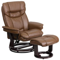 Contemporary Palimino Leather Recliner And Ottoman With Swiveling Mahogany Wood Base - By Flash Furniture - Madison Seating