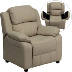 Deluxe Padded Contemporary Beige Vinyl Kids Recliner With Storage Arms - By Flash Furniture - Madison Seating