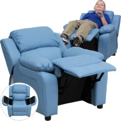 Deluxe Padded Contemporary Light Blue Vinyl Kids Recliner With Storage Arms - By Flash Furniture - Madison Seating