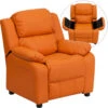 Deluxe Padded Contemporary Orange Vinyl Kids Recliner With Storage Arms - By Flash Furniture - Madison Seating -Furniture Sales Store Deluxe Padded Contemporary Orange Vinyl Kids Recliner with Storage Arms by Flash Furniture