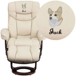 Embroidered Contemporary Beige Leather Recliner And Ottoman With Swiveling Mahogany Wood Base - By Flash Furniture - Madison Seating