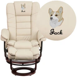 Embroidered Contemporary Beige Leather Recliner And Ottoman With Swiveling Mahogany Wood Base - By Flash Furniture - Madison Seating