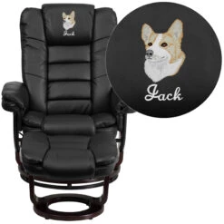 Embroidered Contemporary Black Leather Recliner And Ottoman With Swiveling Mahogany Wood Base - By Flash Furniture - Madison Seating