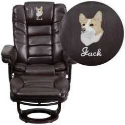 Embroidered Contemporary Brown Leather Recliner And Ottoman With Swiveling Mahogany Wood Base - By Flash Furniture - Madison Seating