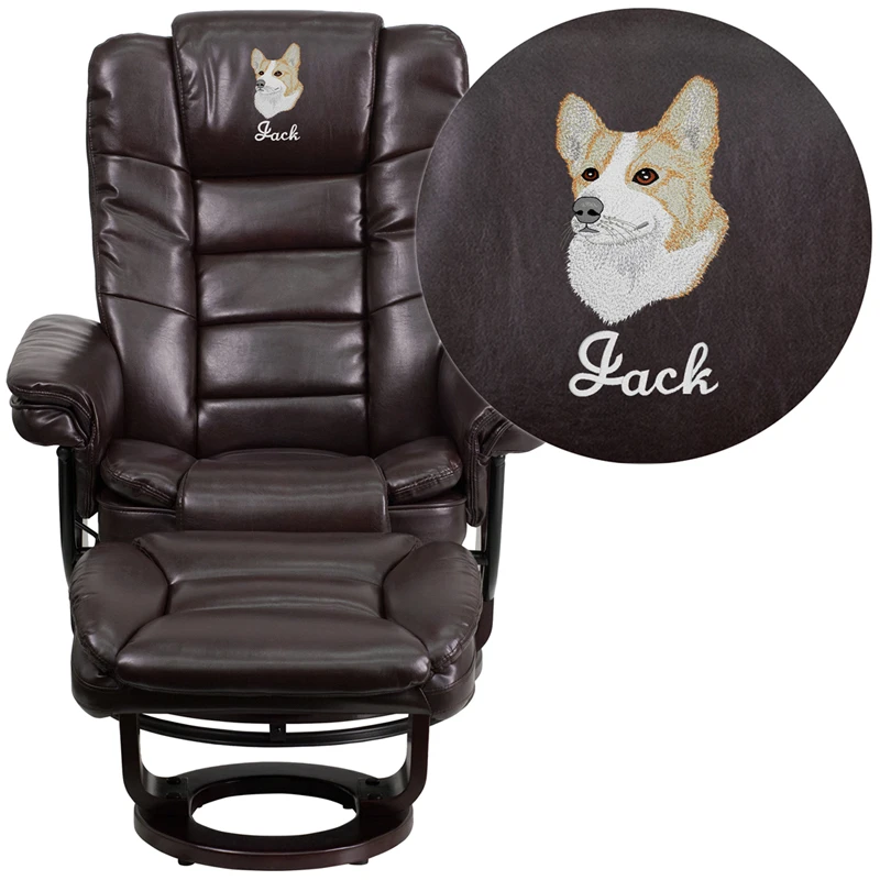 Embroidered Contemporary Brown Leather Recliner And Ottoman With Swiveling Mahogany Wood Base - By Flash Furniture - Madison Seating 2 Embroidered Contemporary Brown Leather Recliner And Ottoman With Swiveling Mahogany Wood Base - By Flash Furniture - Madison Seating