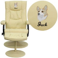 Embroidered Contemporary Cream Leather Recliner And Ottoman With Leather Wrapped Base - By Flash Furniture - Madison Seating