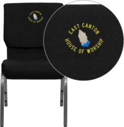 Embroidered HERCULES Series 18.5''W Stacking Church Chair In Black Fabric - Silver Vein Frame - By Flash Furniture - Madison Seating