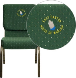 Embroidered HERCULES Series 18.5''W Stacking Church Chair In Green Patterned Fabric - Gold Vein Frame - By Flash Furniture - Madison Seating