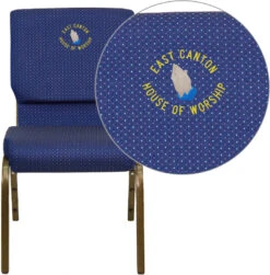 Embroidered HERCULES Series 18.5''W Stacking Church Chair In Navy Blue Patterned Fabric - Gold Vein Frame - By Flash Furniture - Madison Seating