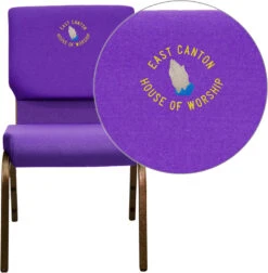 Embroidered HERCULES Series 18.5''W Stacking Church Chair In Purple Fabric - Gold Vein Frame - By Flash Furniture - Madison Seating