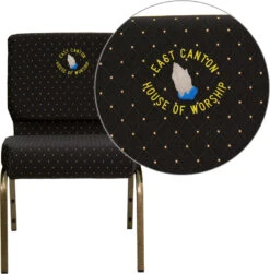 Embroidered HERCULES Series 21''W Stacking Church Chair In Black Dot Patterned Fabric - Gold Vein Frame - By Flash Furniture - Madison Seating