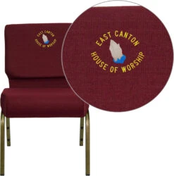 Embroidered HERCULES Series 21''W Stacking Church Chair In Burgundy Fabric - Gold Vein Frame - By Flash Furniture - Madison Seating