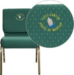 Embroidered HERCULES Series 21''W Stacking Church Chair In Hunter Green Dot Patterned Fabric - Gold Vein Frame - By Flash Furniture - Madison Seating