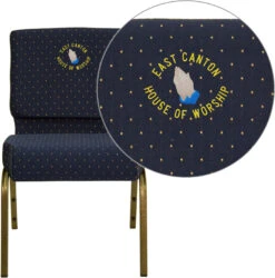 Embroidered HERCULES Series 21''W Stacking Church Chair In Navy Blue Dot Patterned Fabric - Gold Vein Frame - By Flash Furniture - Madison Seating