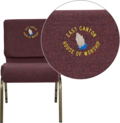 Embroidered HERCULES Series 21''W Stacking Church Chair In Plum Fabric - Gold Vein Frame - By Flash Furniture - Madison Seating