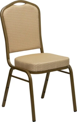 HERCULES Series Crown Back Stacking Banquet Chair In Beige Patterned Fabric - Gold Frame - By Flash Furniture - Madison Seating