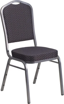 HERCULES Series Crown Back Stacking Banquet Chair In Black Patterned Fabric - Silver Vein Frame - By Flash Furniture - Madison Seating