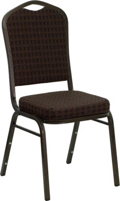 HERCULES Series Crown Back Stacking Banquet Chair In Brown Patterned Fabric - Gold Vein Frame - By Flash Furniture - Madison Seating