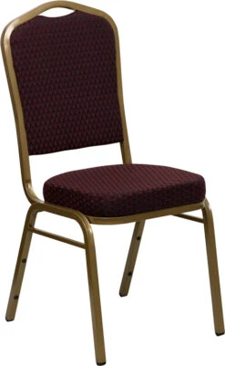 HERCULES Series Crown Back Stacking Banquet Chair In Burgundy Patterned Fabric - Gold Frame - By Flash Furniture - Madison Seating