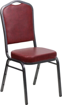 HERCULES Series Crown Back Stacking Banquet Chair In Burgundy Vinyl - Silver Vein Frame - By Flash Furniture - Madison Seating