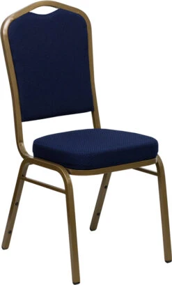 HERCULES Series Crown Back Stacking Banquet Chair In Navy Blue Patterned Fabric - Gold Frame - By Flash Furniture - Madison Seating