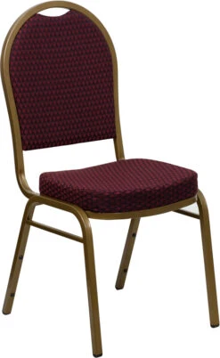 HERCULES Series Dome Back Stacking Banquet Chair In Burgundy Patterned Fabric - Gold Frame - By Flash Furniture - Madison Seating