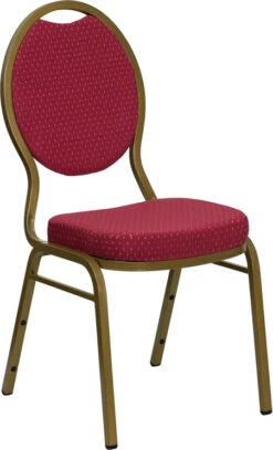 HERCULES Series Teardrop Back Stacking Banquet Chair In Burgundy Patterned Fabric - Gold Frame - By Flash Furniture - Madison Seating