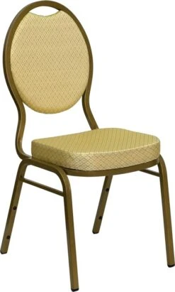 HERCULES Series Teardrop Back Stacking Banquet Chair With Beige Patterned Fabric And 2.5 Inch Thick Seat - Gold Frame By Flash Furniture - Madison Seating