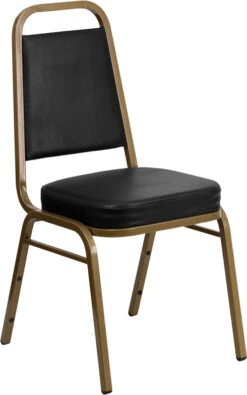 HERCULES Series Trapezoidal Back Stacking Banquet Chair In Black Vinyl - Gold Frame - By Flash Furniture - Madison Seating