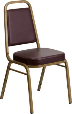 HERCULES Series Trapezoidal Back Stacking Banquet Chair In Brown Vinyl - Gold Frame - By Flash Furniture - Madison Seating