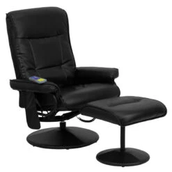 Massaging Black Leather Recliner And Ottoman With Leather Wrapped Base - By Flash Furniture - Madison Seating