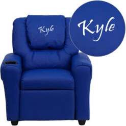 Personalized Blue Vinyl Kids Recliner With Cup Holder And Headrest - By Flash Furniture - Madison Seating