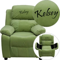 Personalized Deluxe Padded Avocado Microfiber Kids Recliner With Storage Arms - By Flash Furniture - Madison Seating