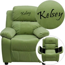Personalized Deluxe Padded Avocado Microfiber Kids Recliner With Storage Arms - By Flash Furniture - Madison Seating