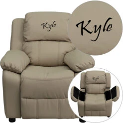 Personalized Deluxe Padded Beige Vinyl Kids Recliner With Storage Arms - By Flash Furniture - Madison Seating