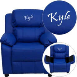 Personalized Deluxe Padded Blue Vinyl Kids Recliner With Storage Arms - By Flash Furniture - Madison Seating