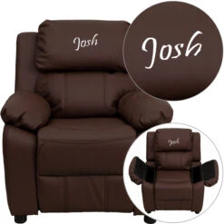 Personalized Deluxe Padded Brown Leather Kids Recliner With Storage Arms - By Flash Furniture - Madison Seating