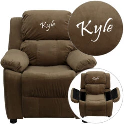 Personalized Deluxe Padded Brown Microfiber Kids Recliner With Storage Arms - By Flash Furniture - Madison Seating