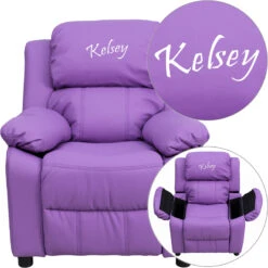 Personalized Deluxe Padded Lavender Vinyl Kids Recliner With Storage Arms - By Flash Furniture - Madison Seating
