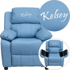Personalized Deluxe Padded Light Blue Vinyl Kids Recliner With Storage Arms - By Flash Furniture - Madison Seating