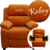 Personalized Deluxe Padded Orange Microfiber Kids Recliner With Storage Arms - By Flash Furniture - Madison Seating -Furniture Sales Store Personalized Deluxe Padded Orange Microfiber Kids Recliner with Storage Arms by Flash Furniture