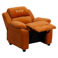 Personalized Deluxe Padded Orange Microfiber Kids Recliner With Storage Arms - By Flash Furniture - Madison Seating -Furniture Sales Store Personalized Deluxe Padded Orange Microfiber Kids Recliner with Storage Arms by Flash Furniture 2