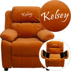 Personalized Deluxe Padded Orange Microfiber Kids Recliner With Storage Arms - By Flash Furniture - Madison Seating
