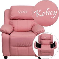 Personalized Deluxe Padded Pink Vinyl Kids Recliner With Storage Arms - By Flash Furniture - Madison Seating