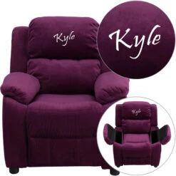 Personalized Deluxe Padded Purple Microfiber Kids Recliner With Storage Arms - By Flash Furniture - Madison Seating