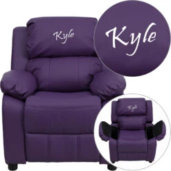 Personalized Deluxe Padded Purple Vinyl Kids Recliner With Storage Arms - By Flash Furniture - Madison Seating